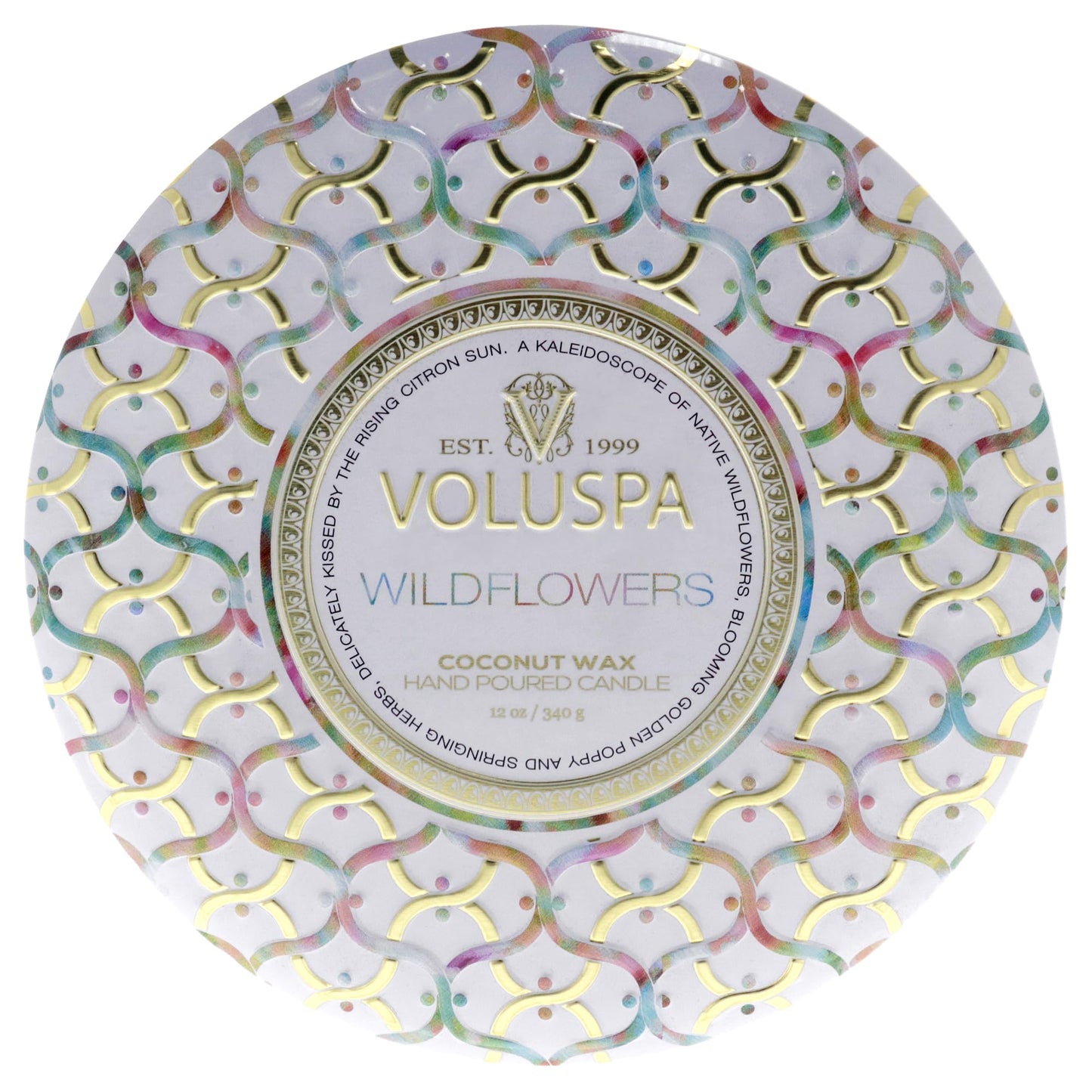 Voluspa Wildflowers, 3 Wick Tin Candle, 12 oz, 40 Hour Burn Time, All Natural Wicks and Coconut Wax for Clean Burning, Vegan, Poured in the USA