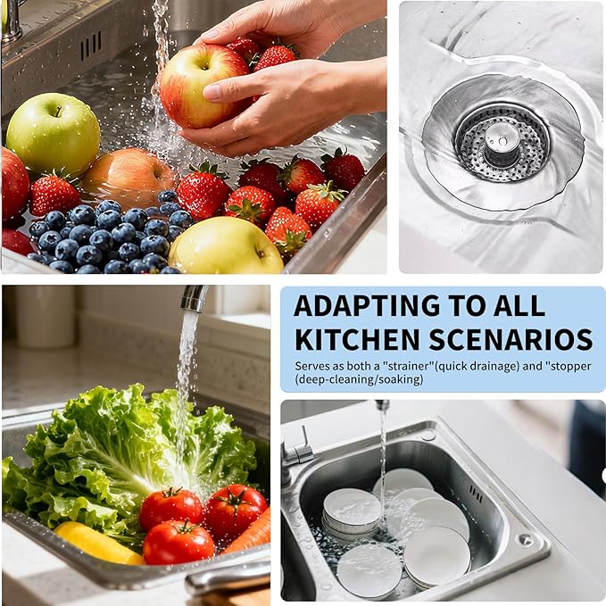 3-in-1 Kitchen Sink Drain Strainer & Sink Stopper 2 Pack : 304 Stainless Steel