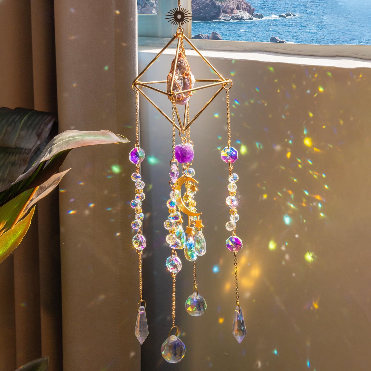 Amethyst Crystal Suncatcher - Dreamsum Hanging Wall Garden Sun Catcher for Windows, Healing Amethyst Crystal Decor for Home, Gift for Christmas Birthday,Mothers Day