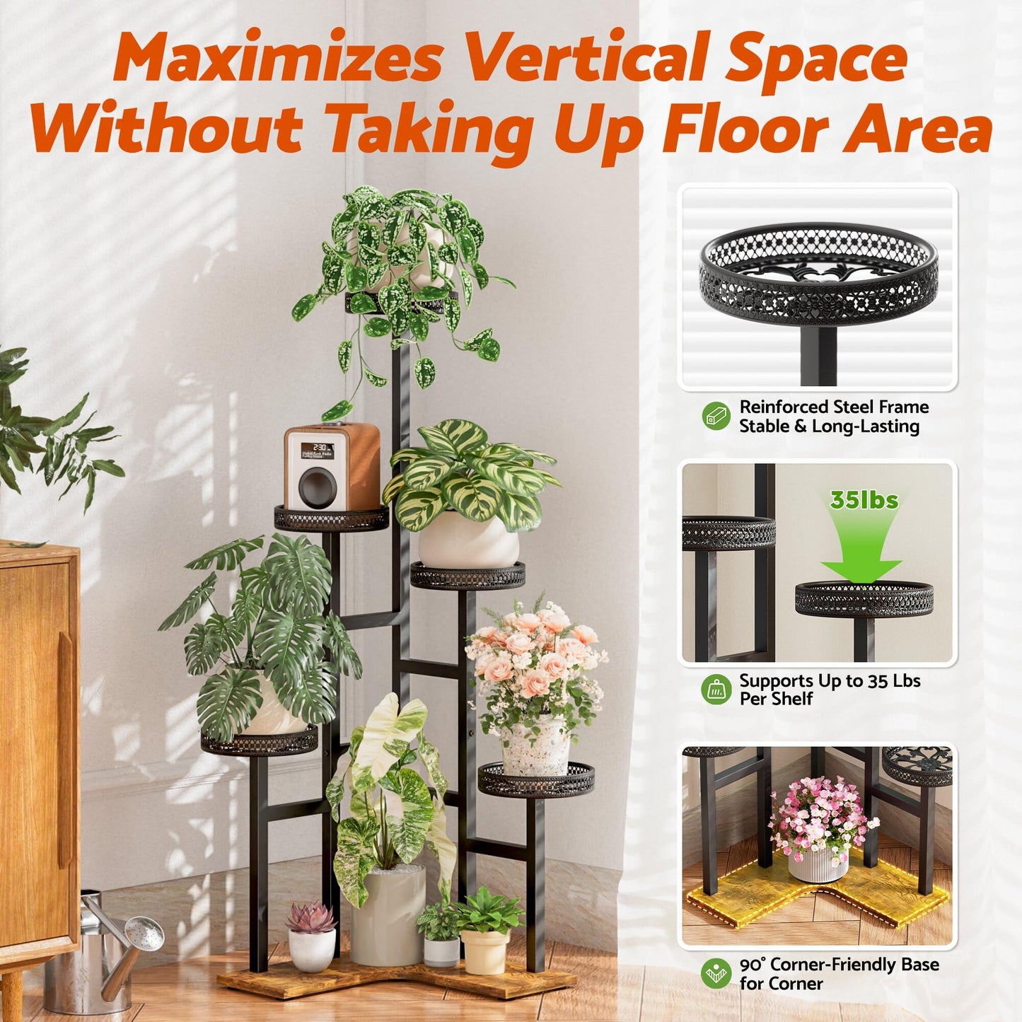 NQW Plant Stand 6 Tier Indoor Outdoor Metal Wood Flower Shelf Corner Flower Holders for Living Room Balcony Garden Patio