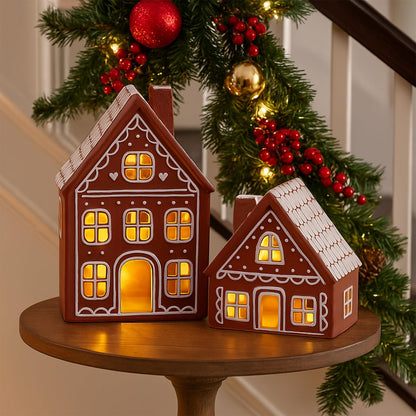 Funnymoom 2 Sets Lighted Ceramic Iced Gingerbread Houses Christmas Decorations Indoor Pre Lit LED Gingerbread Houses Christmas Kitchen Tabletop Decor for Table Centerpiece Xmas Holiday Party Gifts