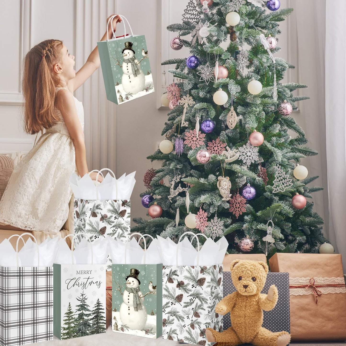 JarThenaAMCS 24 Pcs Christmas Paper Gift Bags with Tissue Paper Sage Green Xmas Tree Snowman Party Favor Large Bags with Handle Goodie Candy Treat Bags for Winter Wedding Holiday