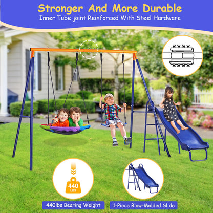 Lunafun Swing Set for Backyard with Kids Slide 440lbs Heavy-Duty Metal A-Frame 1 Saucer Swing Seat 1 Swings Seat & 1 Slide