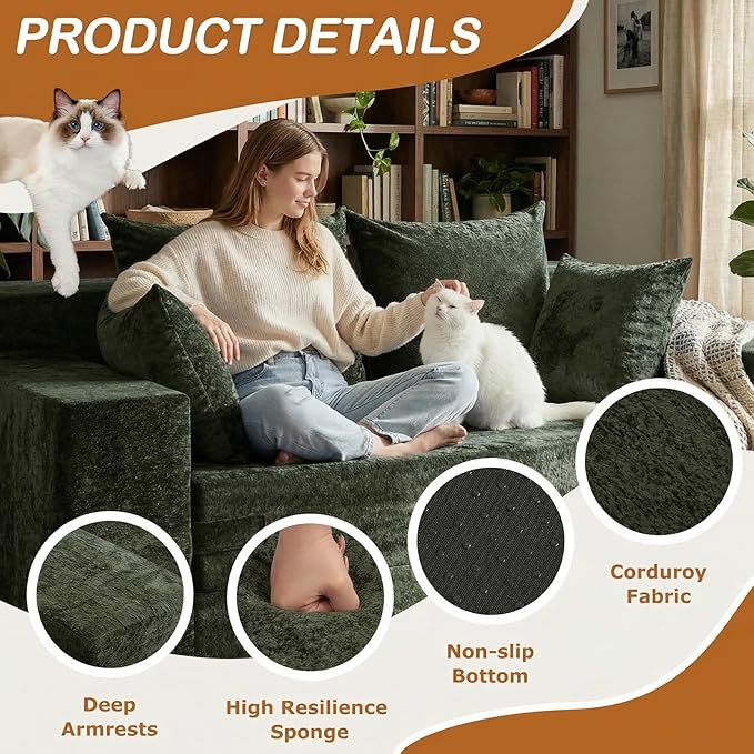 Loveseat Sofa Bed, Convertible Silky Velvet 5-in-1 Foldable Boneless Sleeper