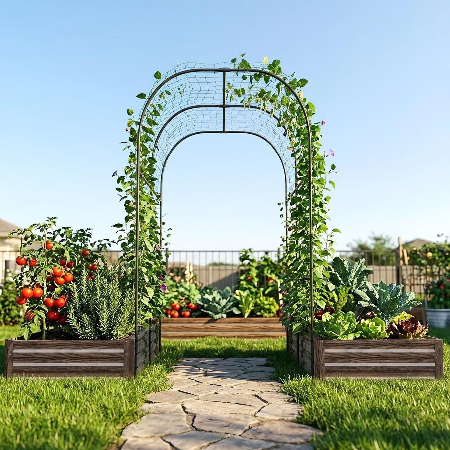 SUNYRISY Galvanized Raised Garden Bed with 87" H Arch Trellis for Climbing Plants Outdoor, Large Metal Planter Box with Netting for Gardening Flowers Vegetables Fruit, Wood Grain