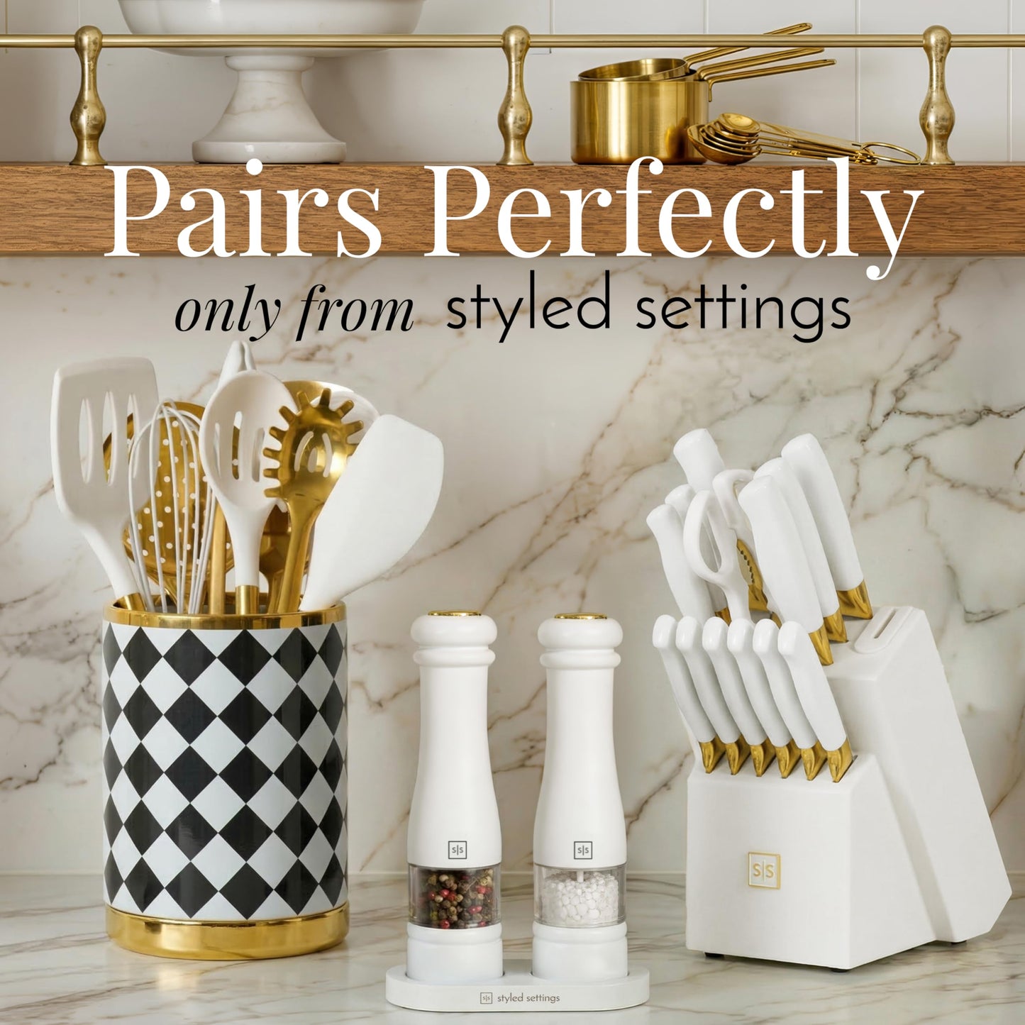 Electric Salt and Pepper Grinder Set - Styled Settings White Electric Salt and Pepper Shakers, Automatic Stainless Steel Set with LED Light, Battery Operated, Adjustable Coarseness, Wood Base