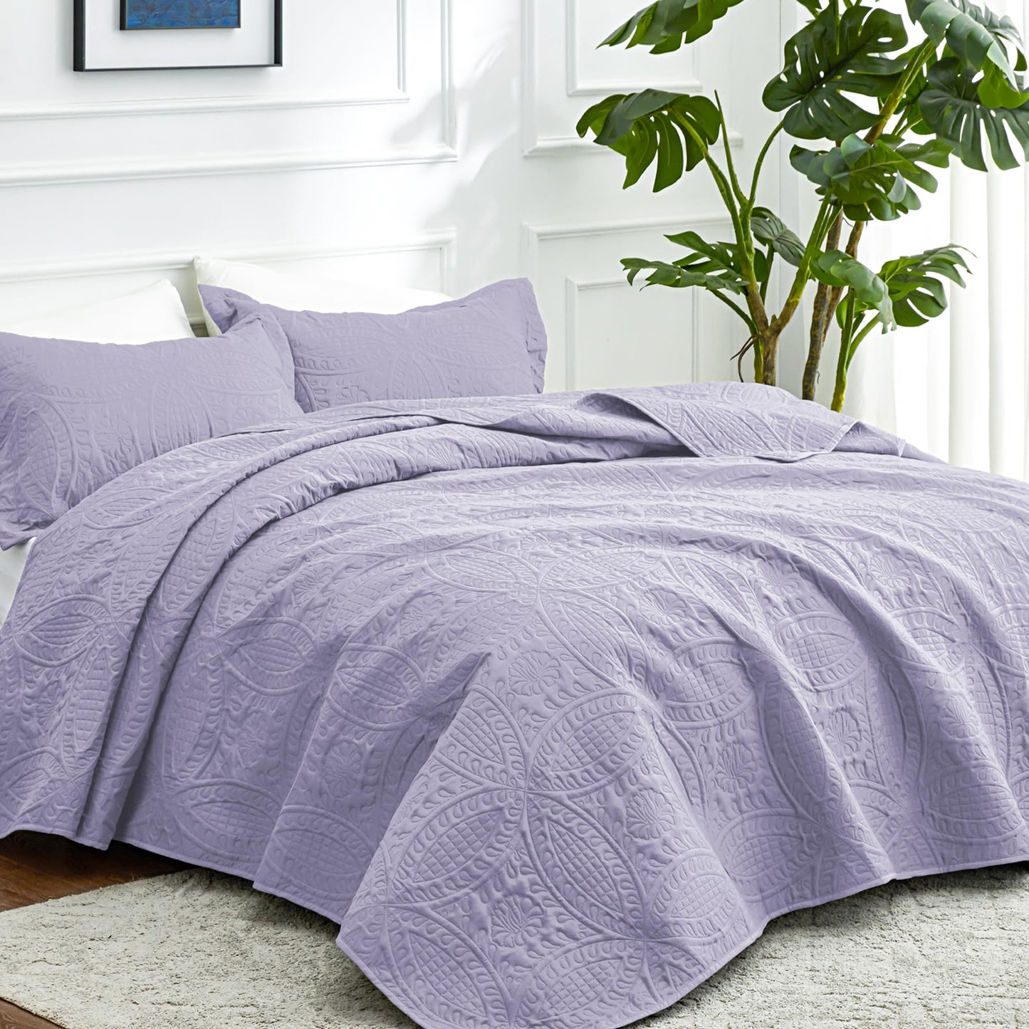 Love's cabin King Size Quilt Bedding Set Lavender Bedspreads - Bed Lightweight Bedspread Comforter - Coin Pattern Bedding Coverlet for All Season - 3 Pieces (1 Quilt, 2 Pillow Shams)