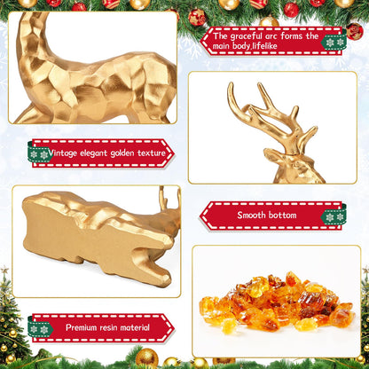 DARCKLE 4-Piece Gold Christmas Tree Figurines and Resin Elk Sculpture Small Resin Christmas Trees,Tabletop Tree Artificial Animal Crafts for Indoor Home Decor,Tabletop Mantle Cabinet Desktop Offic