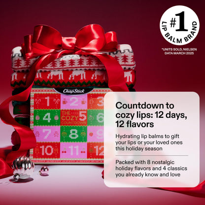 ChapStick Advent Calendar 2025 – Cozy Countdown to Christmas, Variety 12-Pack Lip Balm Gift Set, Holiday Gifts for Women, Men, Teens, Coworkers, Grandpa & Grandma Gifts, 0.15 Oz Ea
