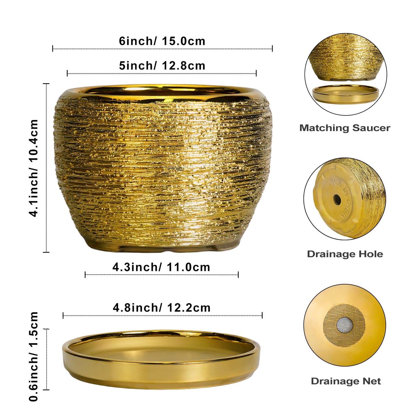SQOWL Ceramic Planter - 6 Inch Plant Pot Indoor Outdoor, Modern Round Planter with Drainage Hole and Plant Saucer, Decorative Small Flower Pot, Home Decor, Birthday Gifts, Gold