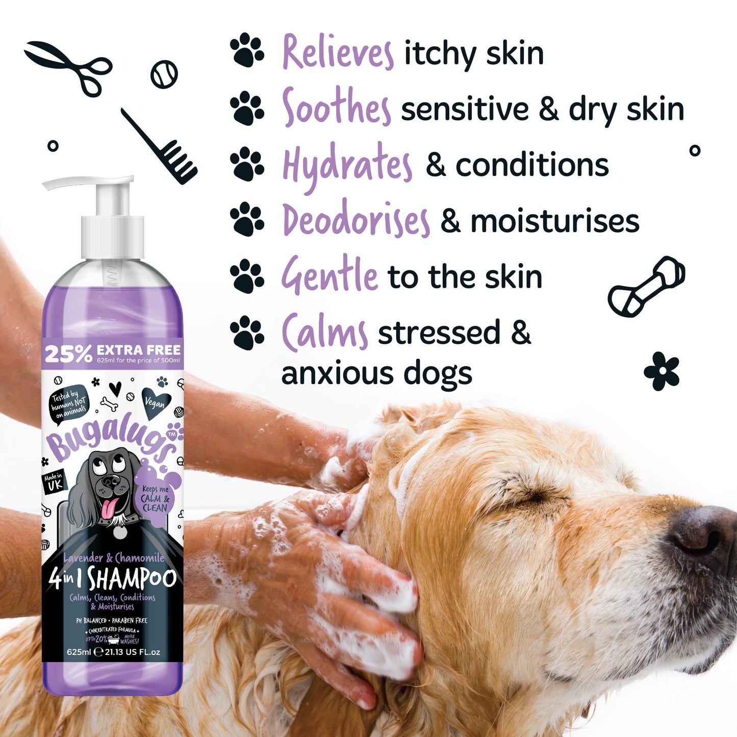 Dog Shampoo by Bugalugs lavender & chamomile 4 in 1 dog grooming shampoo products for smelly dogs, best puppy shampoo, professional groom Vegan pet shampoo & conditioner (625ml)