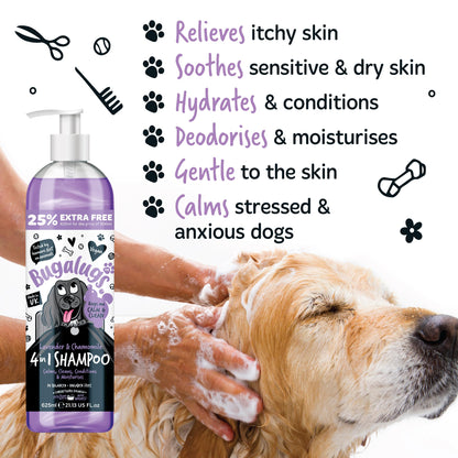 Dog Shampoo by Bugalugs lavender & chamomile 4 in 1 dog grooming shampoo products for smelly dogs, best puppy shampoo, professional groom Vegan pet shampoo & conditioner (625ml)
