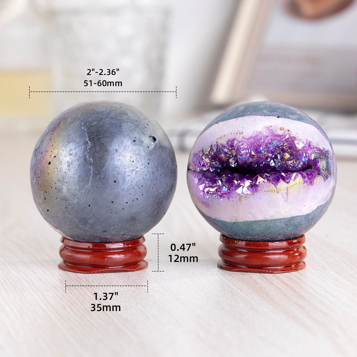 SUNYIK 51-60mm Purple Titanium Coated Quartz Geode Ball Sphere with Stand Crystal Opening Cornucopia Orb Ball Cluster Specimen Display for Decor Feng Shui Meditation
