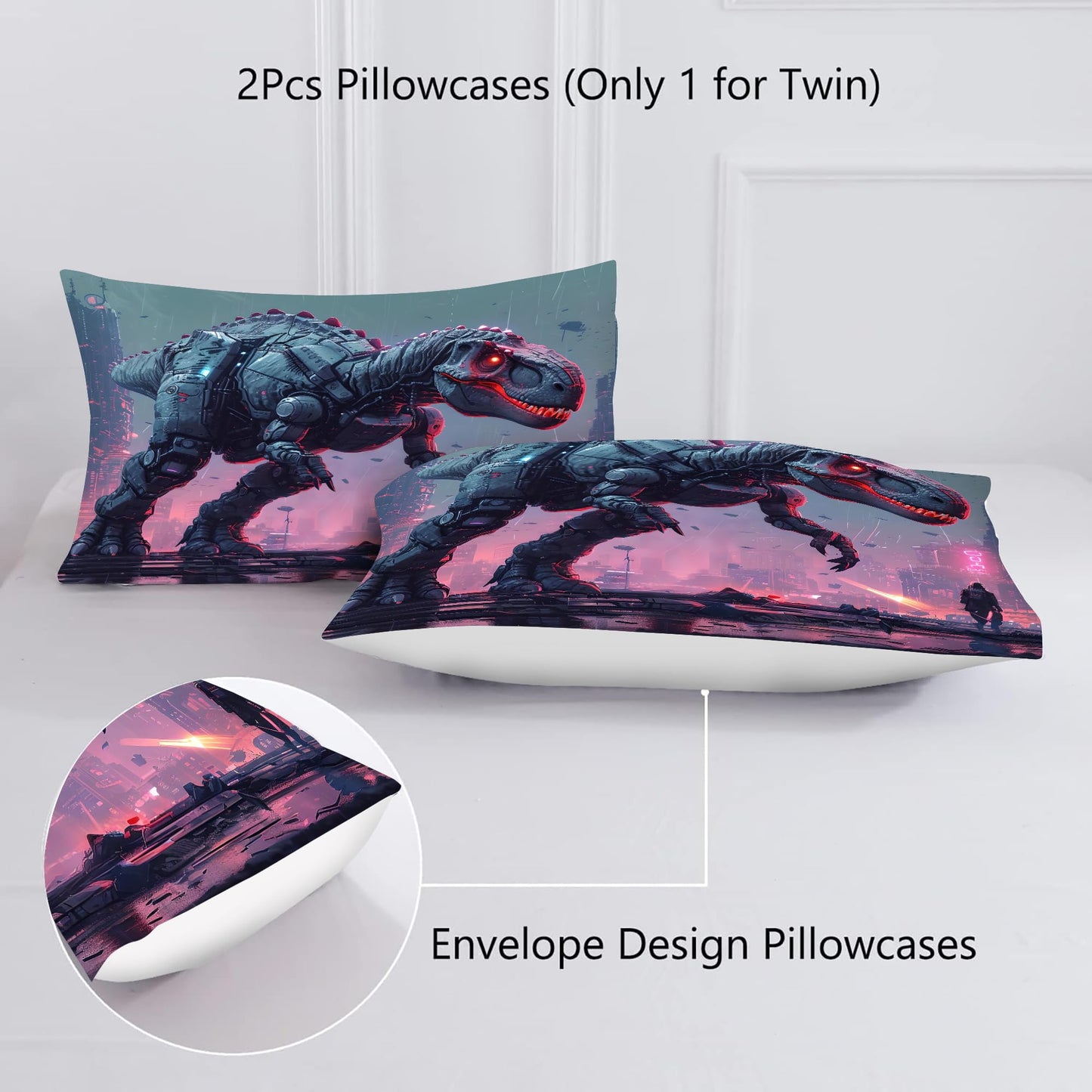 VTKON Kids Dinosaur Comforter Set Full Size Dino Bedding Set for Kids Teens 3D Printed Neon Dino Comforter Sets 3 Pcs Soft Microfiber Boys Bedroom Decor