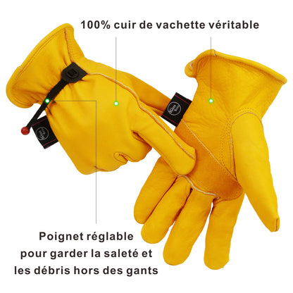 KIM YUAN Leather Work Gloves Grain Cowhide, with Ball and Tape Wrist Closure.For Yard Work, Gardening, Farm, Warehouse, Construction, Motorcycle, Men & Women Medium 1 Pair