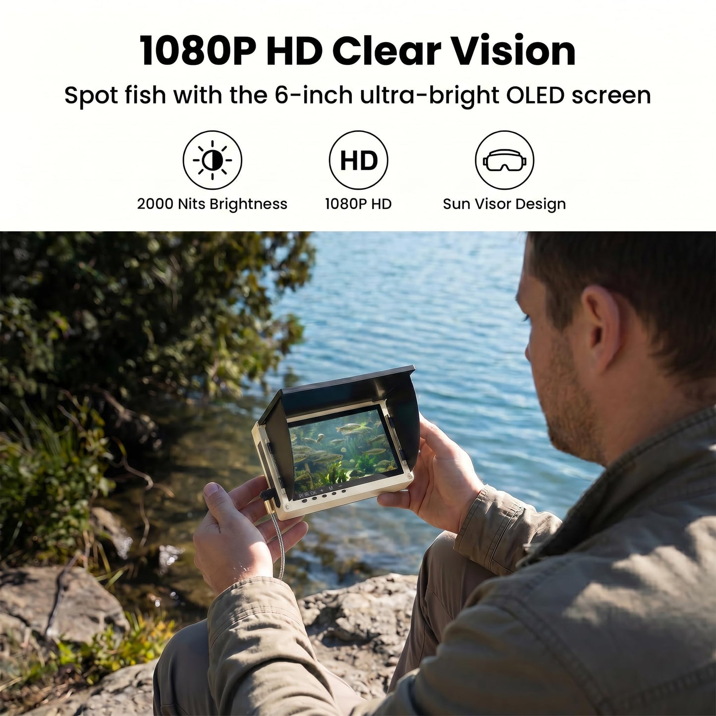 Takkicept Portable Underwater Fishing Camera Fish Finder: 6" OLED Display 1080P HD Depth Finders Waterproof Camera IP68 220° Wide-Angle Lens 12H Battery 25m Cable for Ice Fishing Kayak Boat Shore