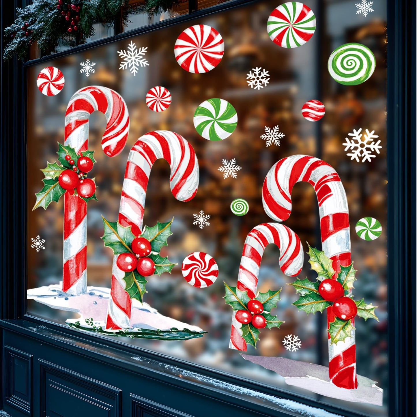 Whaline 13.8 x 35.4'' Extra Large Christmas Window Clings Red Green Candy Cane Holly Berry Window Stickers Double Sided Glass Decals for Winter Xmas Home Classroom Office Party Decoration, 3 Sheets