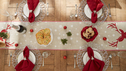 DII Holiday Dining Table Decoration Embroidered Christmas Table Runner, 14x70, Red Reindeer & Snowflakes