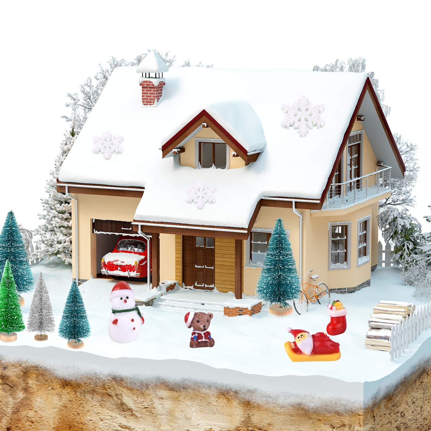 KUUQA 50 Pcs Mini Christmas Ornament Kits,Mini Christmas Trees Bottle Brush Trees with Resin Santa Claus, Snowman, Snowflake, Bell, Elk, Candy Cane for Christmas Party Supplies