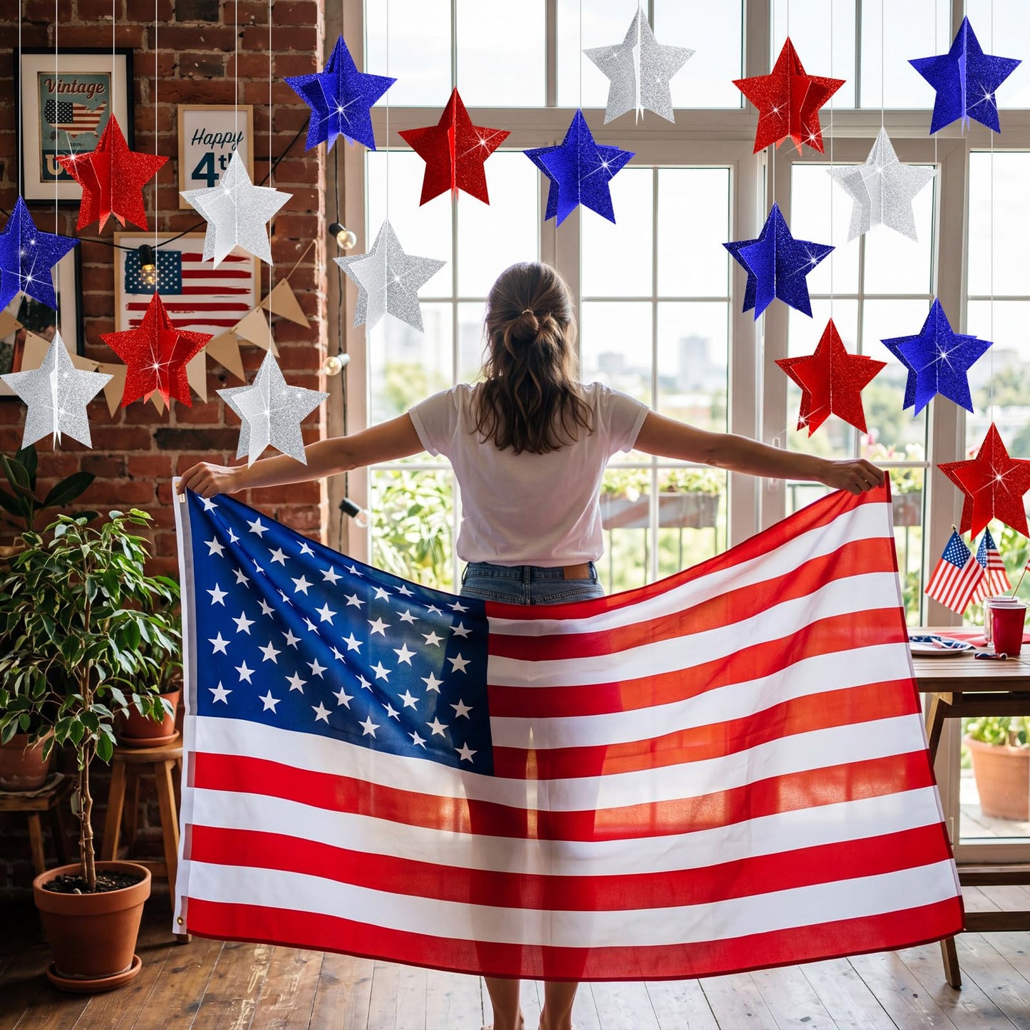 Novabright 18 Pcs 250th Anniversary Patriotic Star Hanging Decorations 4th of July 3D Glittering Red White and Blue Star Ornaments 4.7"x4.7" for Independence Day Party Indoor Outdoor Ceiling Decor