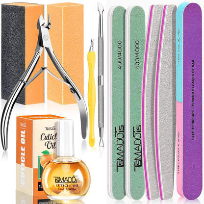 TsMADDTs Manicure Tools Kit Nail Care Kit with 3PCS Files, 2PCS Buffer Blocks, 2PCS Polishing Buffers, Cuticle Nipper, Pusher and Cuticle Oil