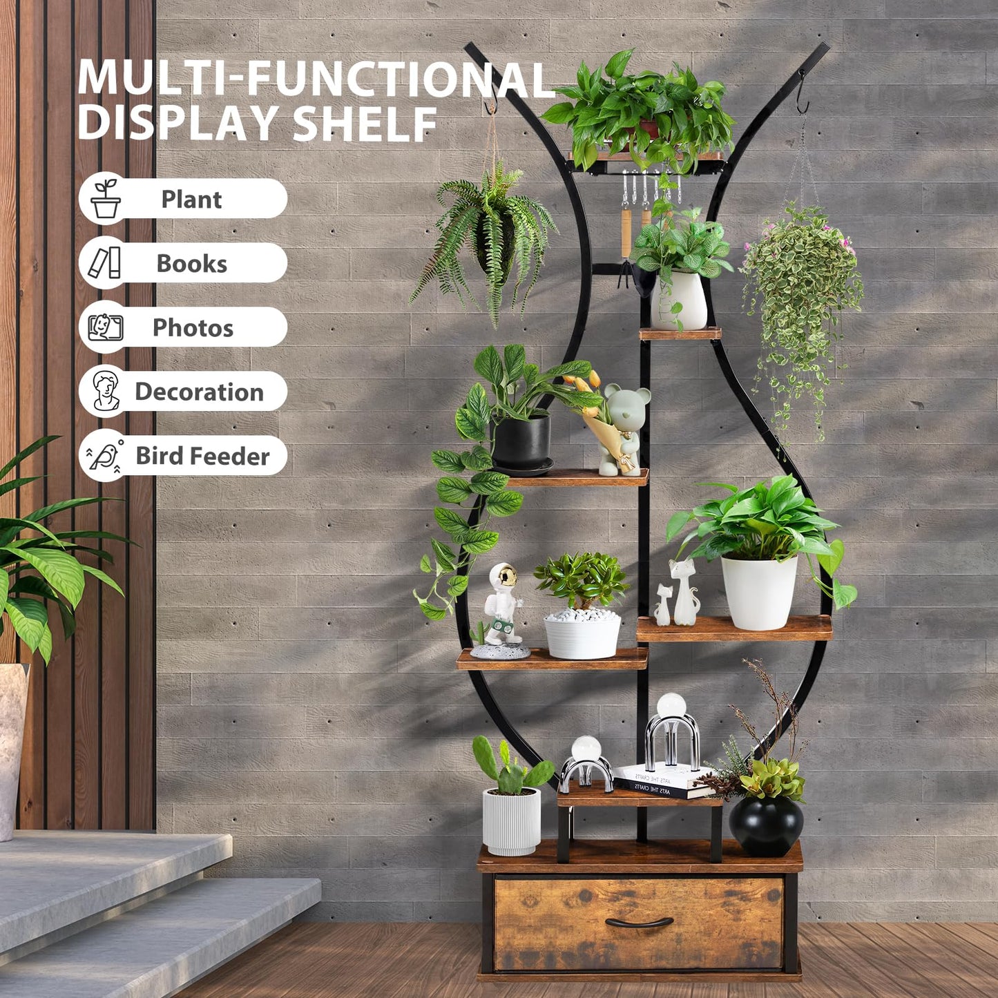 LOENIY 7-Tier Indoor Plant Stand with Hanging Hooks & Drawer, 68.1" Tall Vase-Shaped Corner Plant Stand includes Tool Hangers, Aesthetic Tall Plants Shelf for Multiple Plants Flower Pot, Outdoor Plant Holder in Patio Balcony