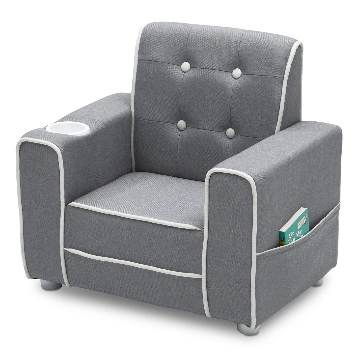 Delta Children Chelsea Kids Upholstered Chair with Cup Holder, Soft Grey
