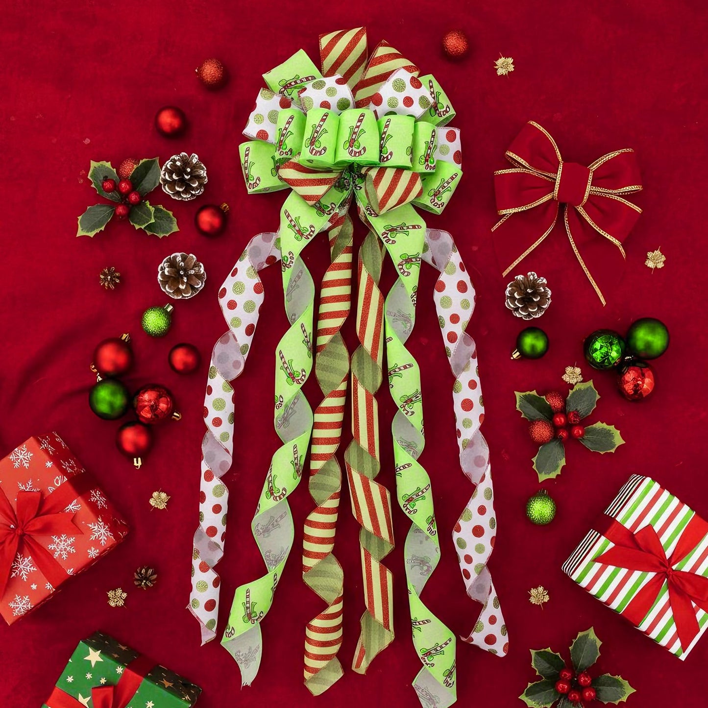 Suncalla 2 Pcs 44 x 13 Inch Large Christmas Tree Toppers Green Christmas Tree Ornaments Candy Cane Ribbon Bows Lime Green Glitter Polka Dot Wreath for Xmas Holiday Indoor Outdoor Front Door Staircase