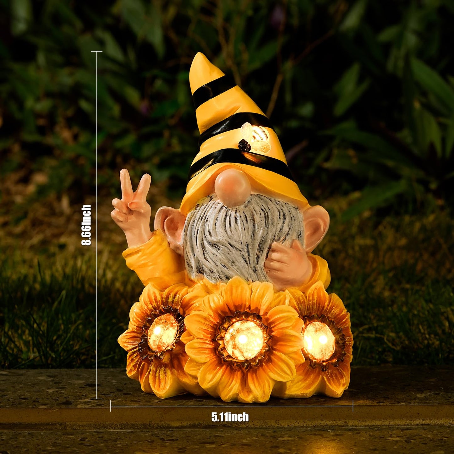 Joint Honglin Solar Garden Gnome Statue with Crystal Sunflower Lights - Outdoor Bee Gnome Figurine with Glowing Bee, Waterproof Resin Yard Art Decor for Patio, Lawn, Porch, Summer Gardening Gift