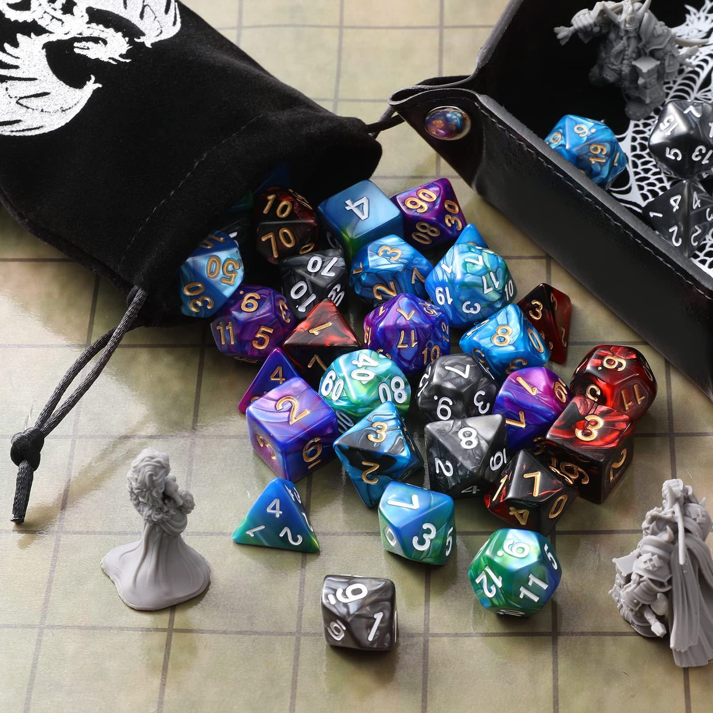 Grajar 35Pcs DND Dice Set with 5 Colorful Animal Patterned Dice Pouches, Polyhedral Dice Sets for Dungeons and Dragons D&D TTRPG MTG Table Role Playing Games