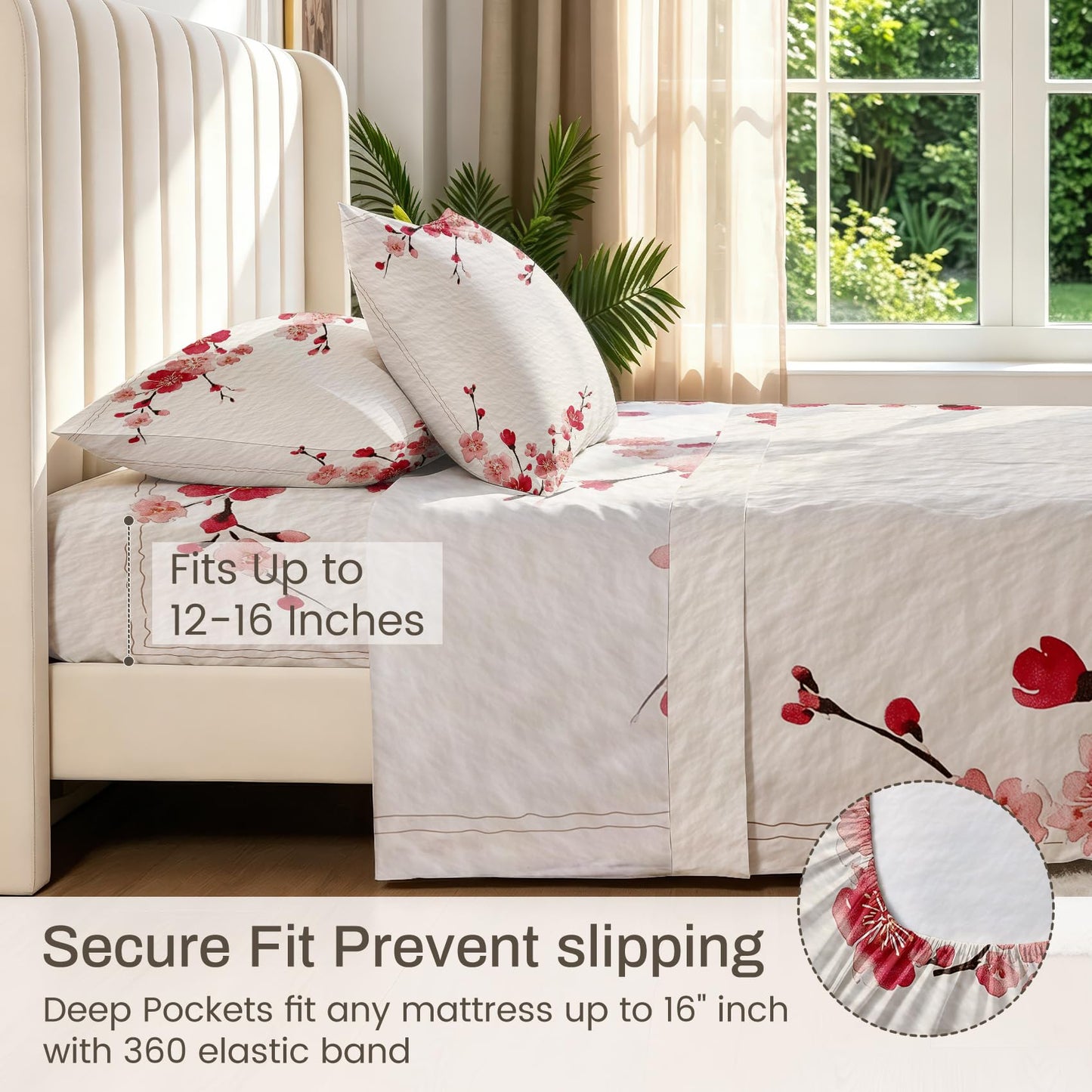 Cherry Blossom Full Sheet Set Japanese Red Flower Flat Fitted Sheet Sets