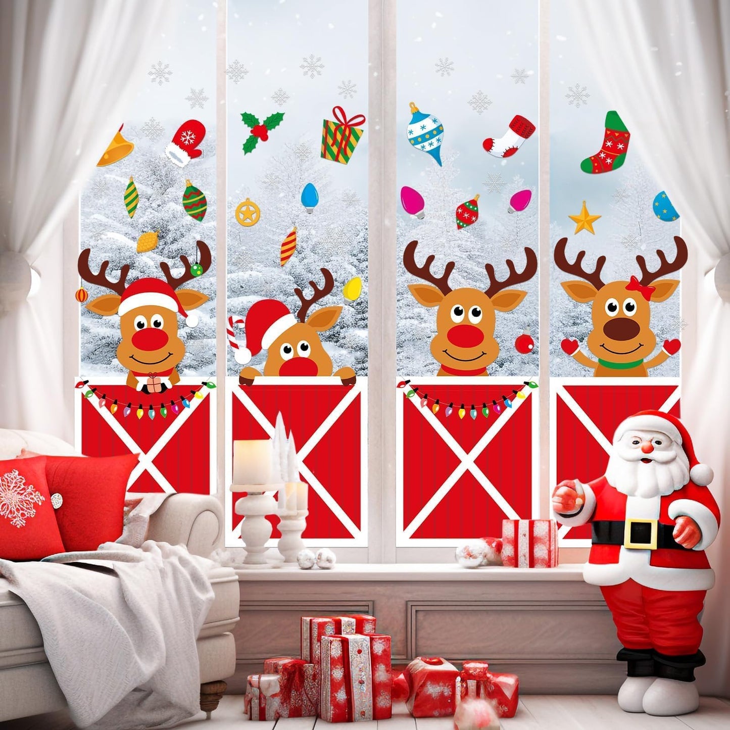 Christmas Deer Large Size Window Clings Decorations Reindeer Stable Window Decal Christmas Elk Winter Snowflake Reusable DIY Static Wall Door Sticker for Xmas Holiday Party Home Classroom Office Decor