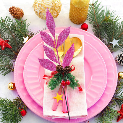 Winlyn 20 Pcs Pink Glitter Bay Leaf Sprays Artificial Christmas Tree Picks Sprays 12.7" Tall for Pink Christmas Tree Wreath Swag Floral Arrangement Winter Wedding Bouquet Centerpiece Decoration