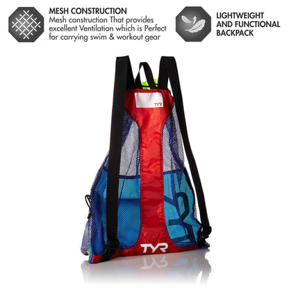 TYR Big Mesh Mummy Backpack for Wet Swimming, Gym, and Workout Gear, Blue/Yellow
