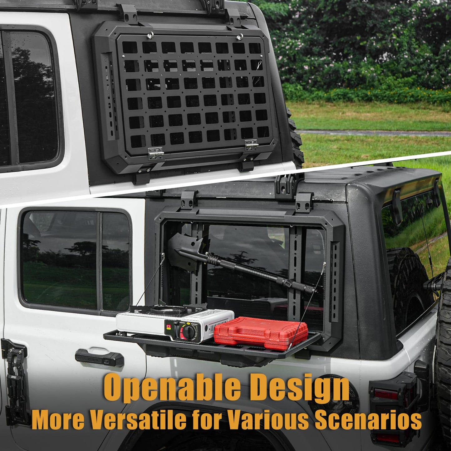 Z8 Rear Window Molle Storage Panel with Fold-Down Table, Tactical Organizer Compatible with 2018–2025 Jeep Wrangler JL & JLU 4-Door Hardtop, Heavy-Duty Aluminum Cargo Rack for Camping & Off-Road Gear