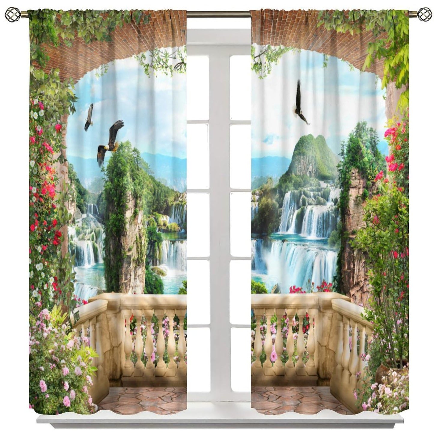 AAVEUP Italian Building Curtains for Kitchen,European Vintage Rustic Romantic Waterfall Natural Flower Landscape Architecture Window Treatments Print for Bedroom Living Room 42x45in（No Blackout）