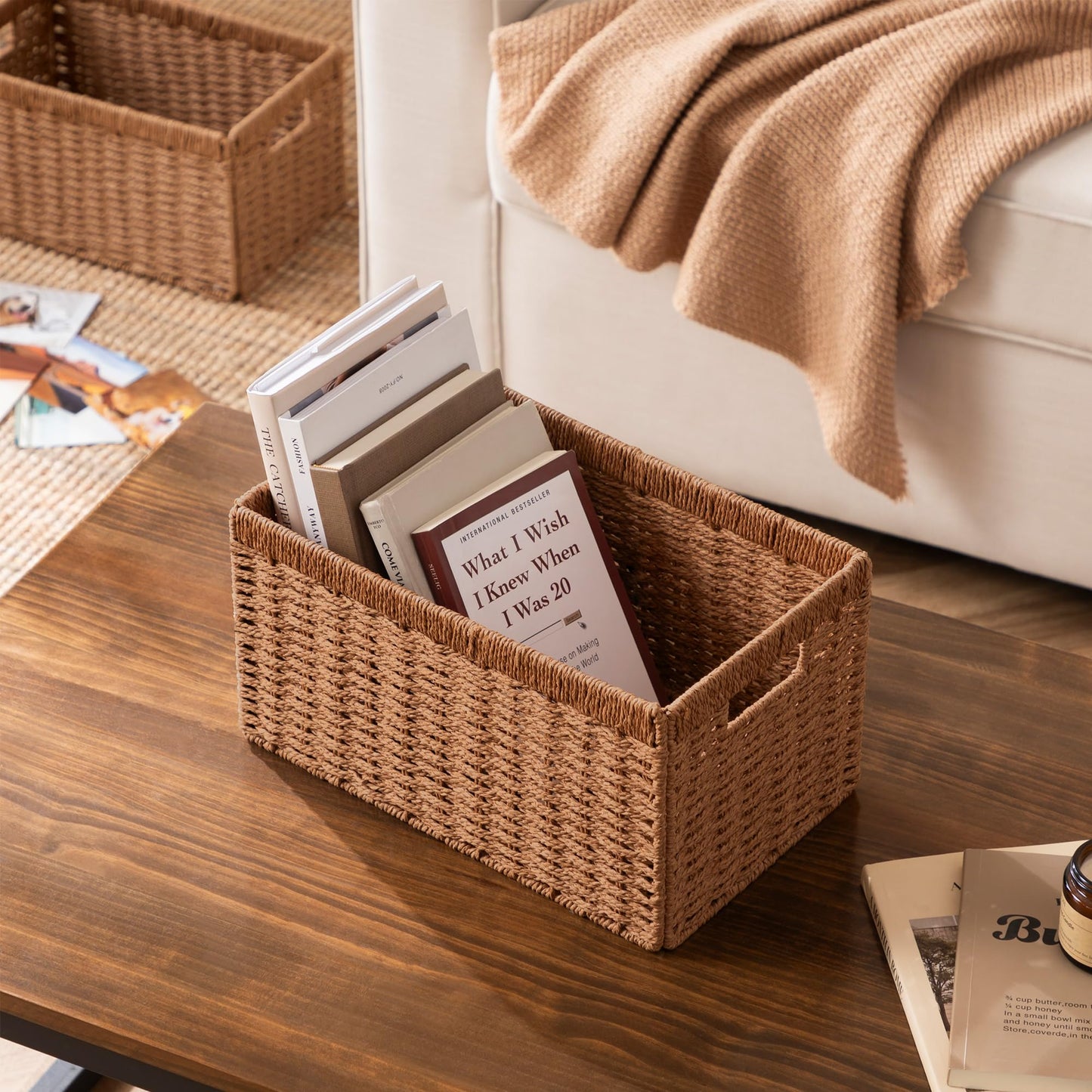 UBBCARE 2 Pack Wicker Basket, 13.4L×8.3H×7.1W inch Woven Paper Rope Storage Baskets for shelves, Foldable Rectangular Storage Baskets with Handle, Storage Basket for Organizing, Caramel