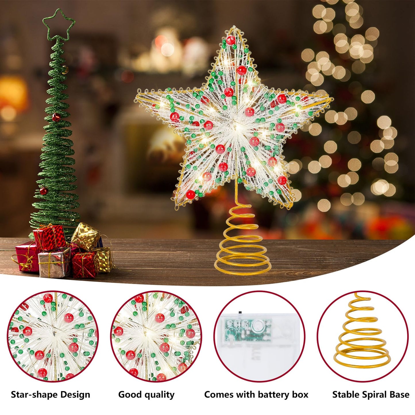 Whaline Christmas Star Tree Topper Gold 3D Star Tree Top with LED Lights Battery Powered Treetop Ornament for Xmas Winter Party Favor Indoor Outdoor Decor