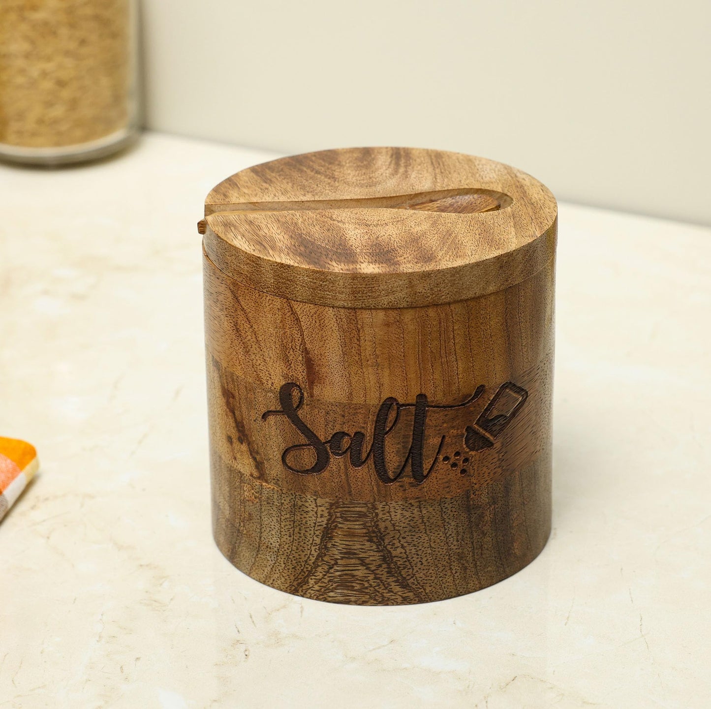 dudki Wooden Salt Box with Magnetic Lid with Attached Spoon on Top| 800 ML Round Salt Container| Bowl Pot Jar Salt Box | Mango Wood for Dinning Table| Kitchen Home| Seasonings