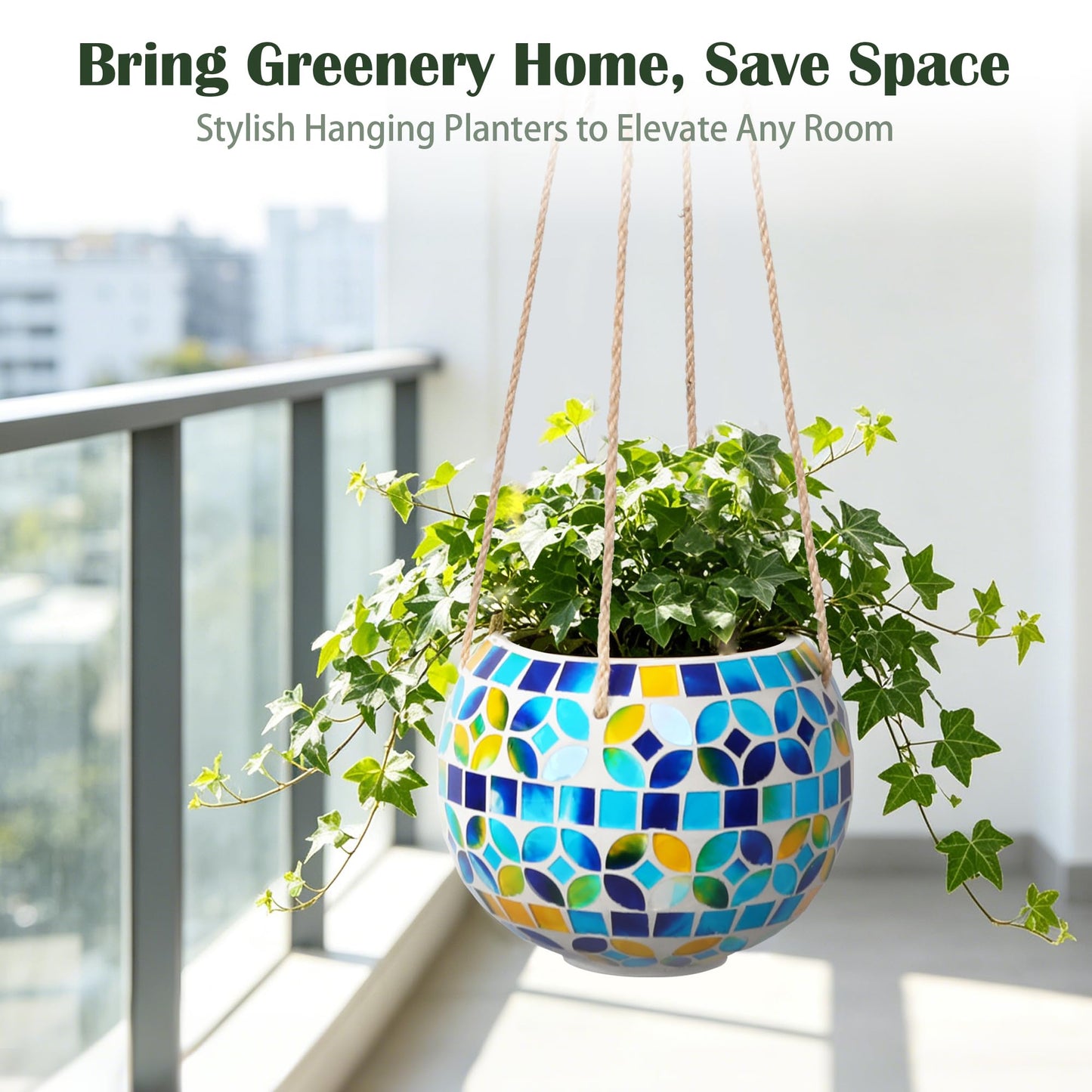 Chonsun Ceramic Hanging Planter Mosaic Hanging Flower Pot Small Plant Pot for Indoor Plant Garden Decor Disco Ball Planter with Drainage Square Blue
