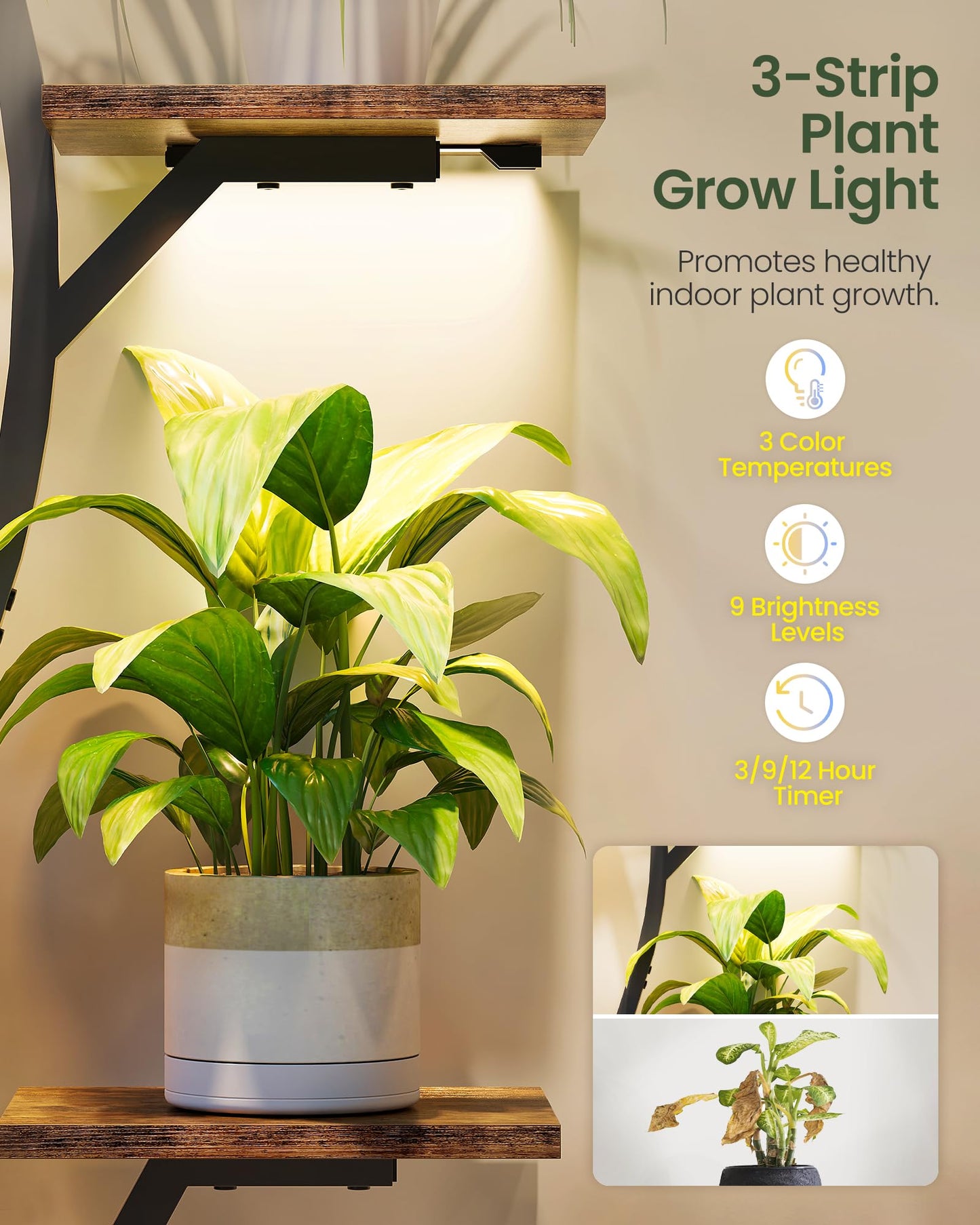 CHOEZON Plant Stand Indoor with Grow Light, 7-Tier Flower Plant Holder, 46.5” Tall Corner Plant Display Rack, Dimmable Grow Light with Timer, Rustic Brown and Black TCJ40DBF