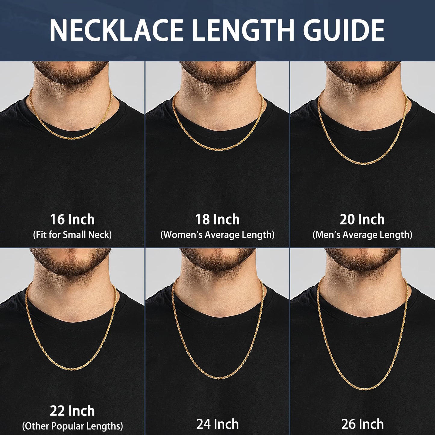 Jewlpire 14K Gold Plated Chain Necklace for Men, 3mm Stainless Steel Rope Chains 14K Gold Plated Chain for Men, Mens Chains Necklace 20 Inch