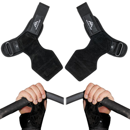 MaxOut360 Lifting Grips for Weight Lifting, Powerlifting & Weightlifting Grips with Enhanced Grip, Double Layer Leather Gym Grips for Deadlifts & Back Workouts, Black