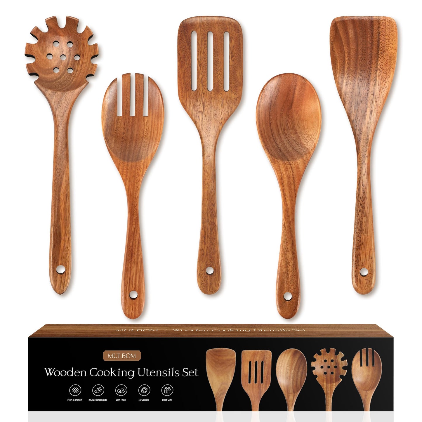 5 PCS Wooden Spoons for Cooking Natural Teak Kitchen Utensils Set Smooth Non-Stick Surface Cooking Utensils Set Soft Comfort-Grip Wooden Spatula Set