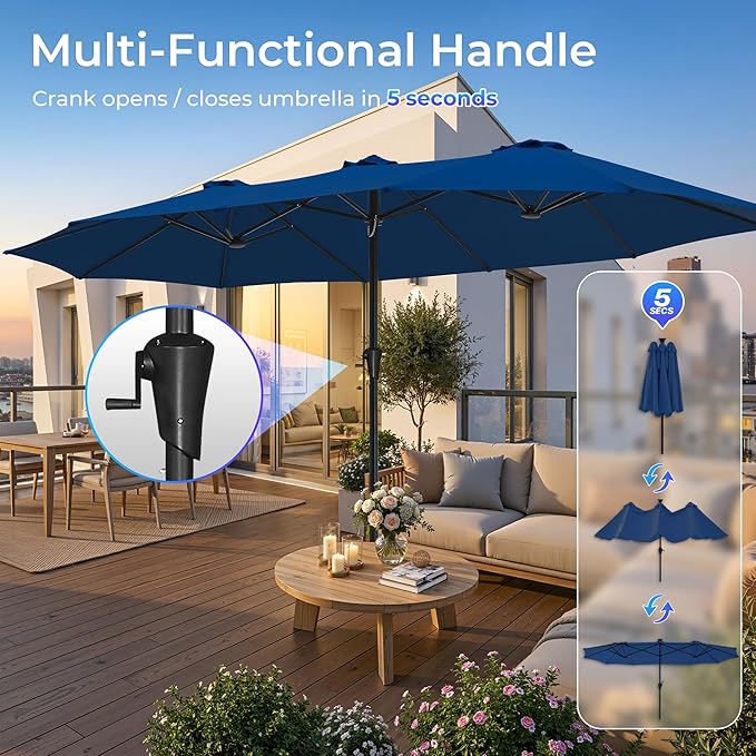SUPERJARE 15FT Outdoor Umbrella for Patio, Double sided Pool Umbrellas with Fade Resistant Canopy, Large Table Umbrella for Deck, Market, Backyard - Navy Blue