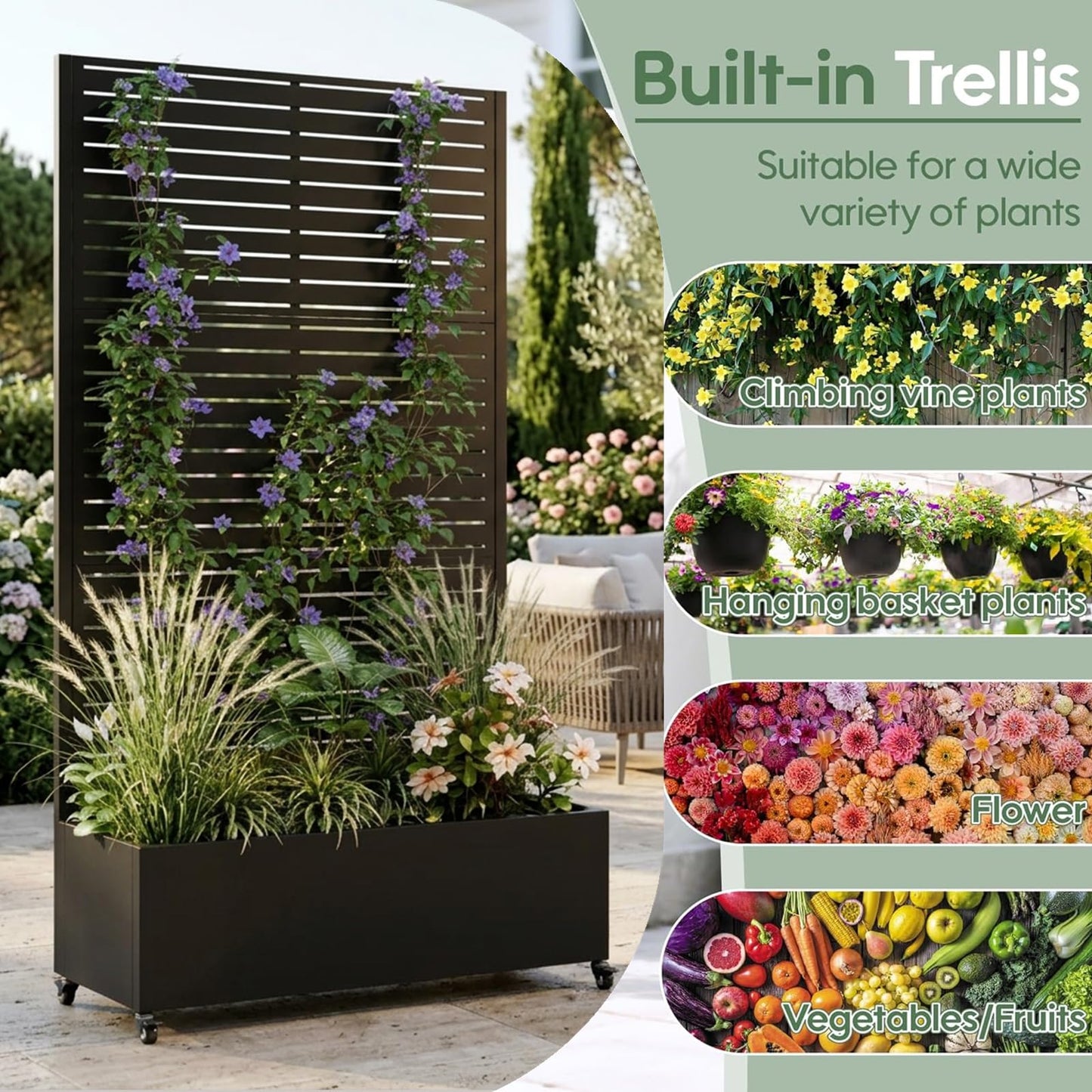 Roockky Metal Planter Box with Trellis, Outdoor Raised Garden Bed with Trellis & Wheels, 73"x35"x16" Planter Box Trellis with Drainage Holes & Privacy Screen for Climbing Plants, Vegetables, Black-3