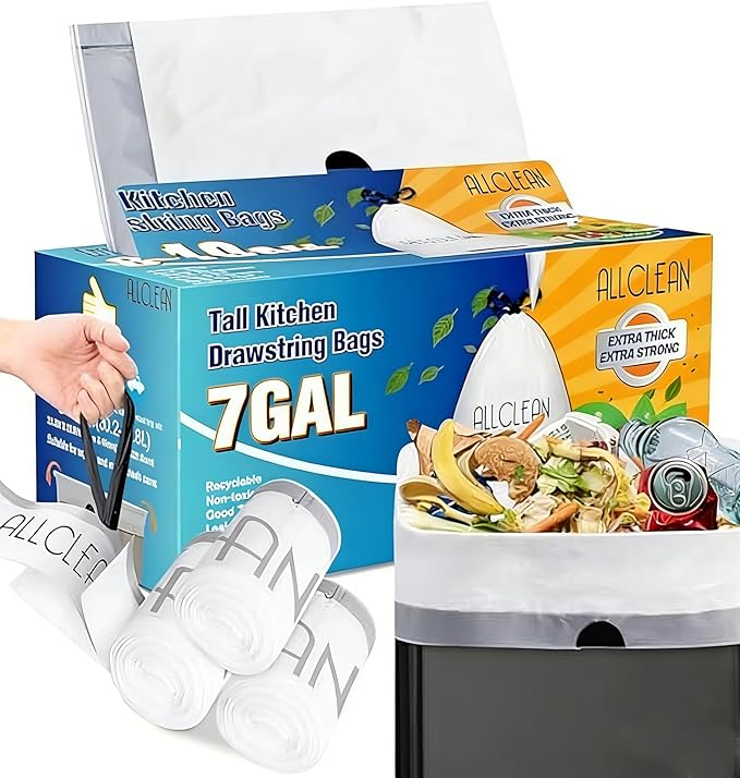 Trash Bags 7 Gallon Medium Kitchen Drawstring Bathroom Garbage Bags, Fit 7 Gal