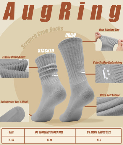 AugRing Women's Cute Scrunch Slouch Crew Socks 3Pack Retro Kawaii Chunky Ribbed Cotton Boot Sneaker Cozy Calf Socks Size 5–11 (White/Black/Grey,5-10)