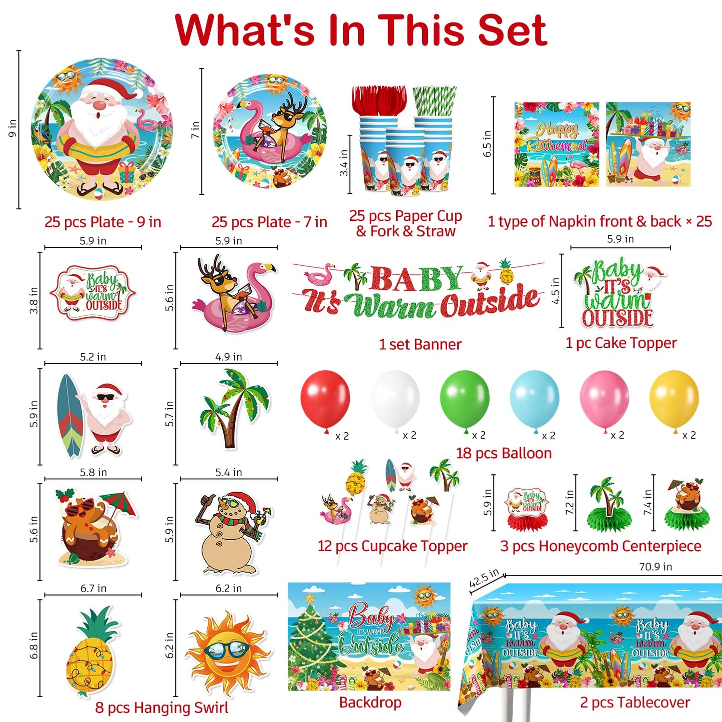 Christmas in July Decorations, Baby It's Warm Outside Party Decor - 196PCS All-in-One Set, Serves 25, Tableware Kit with Banner, Backdrop, Tablecloth, Balloons & Cupcake Toppers