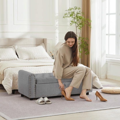 Ottoman with Storage, Tufted Storage Bench for Bedroom, 48" Fabrics End of Bed Bench, Upholstered Entryway Shoe Benches with Rolled Arm & Inner Zipper, Window Ottomans Chest with Rivets, Drak Grey